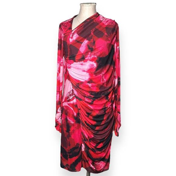 ELOQUII Abstract Ruched Mesh Mini Dress Stretch Knit Cocktail Red Pink Sexy 14 - Picture 3 of 13